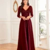 Sequin V-Neck Long Sleeve Satin Evening Gown Plus Size