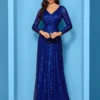 Sequin Long Sleeve V-Neck Elegant Maxi Evening Gown Women Dress