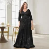Women Plus Size Sequin Long Sleeve V-Neck Elegant Evening Party Dress