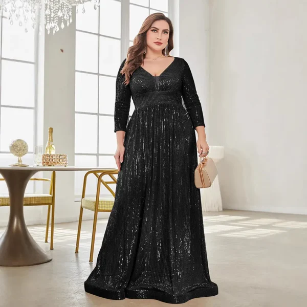 Women Plus Size Sequin Long Sleeve V-Neck Elegant Evening Party Dress