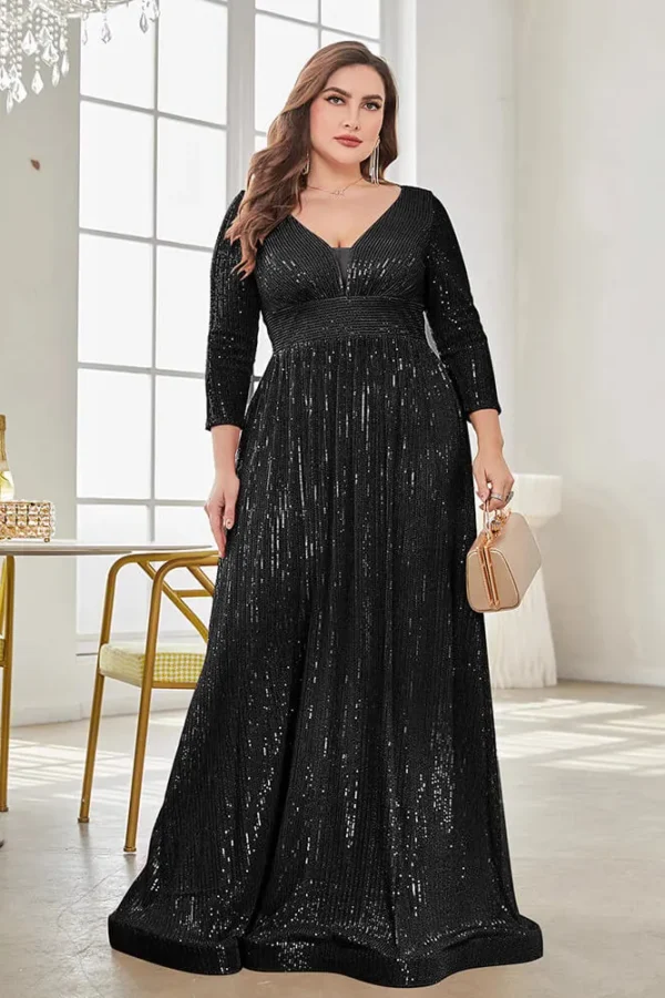 Women Plus Size Sequin Long Sleeve V-Neck Elegant Evening Party Dress