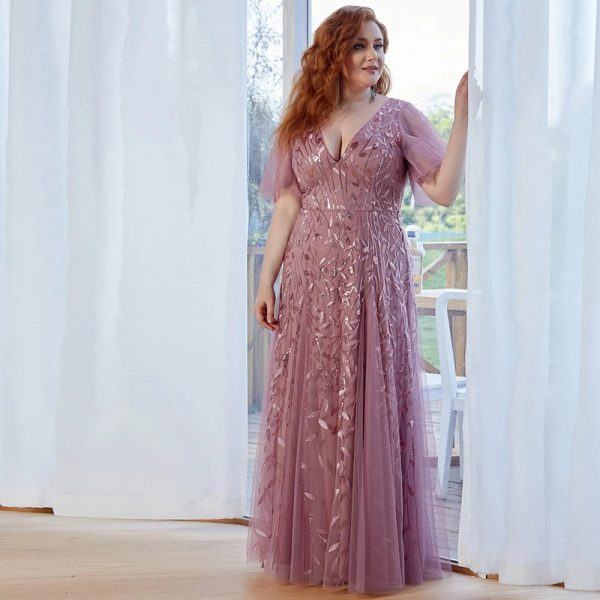 Plus Size Embroidered Sequin Evening Dress Deep V Flounce Sleeve Mermaid Train