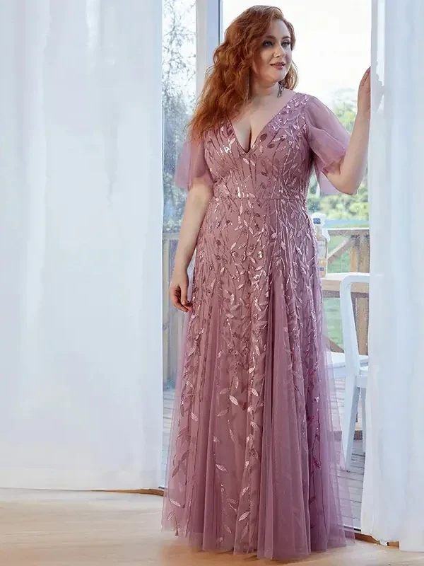 Plus Size Embroidered Sequin Evening Dress Deep V Flounce Sleeve Mermaid Train