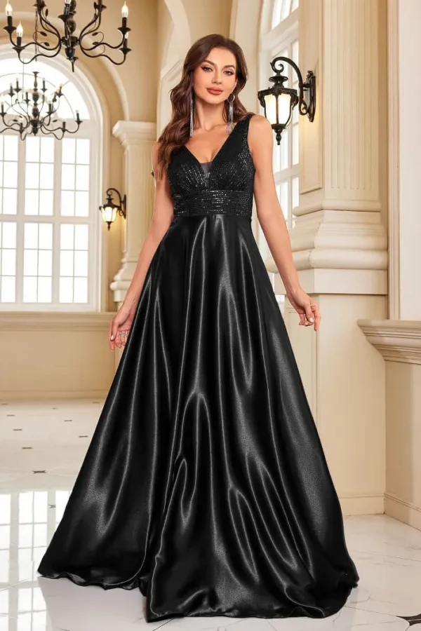 Deep-V Sleeveless Sequin Elegant Evening Gown Bridesmaid Plus Size