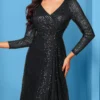 Sequin Long Sleeve V-Neck Elegant Maxi Evening Gown Women Dress