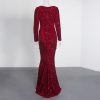 Sequin Velvet Long Sleeve V-Neck Mermaid Evening Gown Formal Party Dress