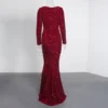 Sequin Velvet Long Sleeve V-Neck Mermaid Evening Gown Formal Party Dress