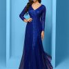 Sequin Long Sleeve V-Neck Elegant Maxi Evening Gown Women Dress