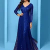 Sequin Long Sleeve V-Neck Elegant Maxi Evening Gown Women Dress