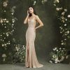 Sequin Evening Dress Sleeveless Draped Neckline Slit Maxi Elegant