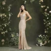 Sequin Evening Dress Sleeveless Draped Neckline Slit Maxi Elegant