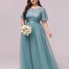Women Plus Size Elegant Sequin Embroidery Short Sleeve Tulle Evening Gown Dress