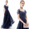 Navy Blue Lace Sleeveless High Waist Long Evening Gown Elegant Party Dress