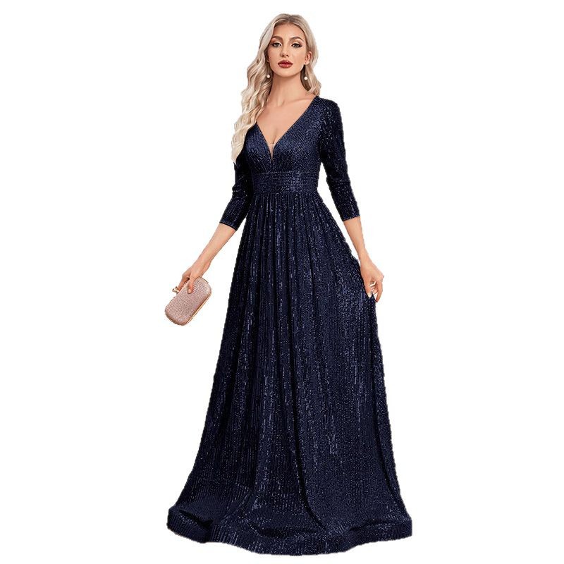Sequin Evening Dress Women Long Sleeve V-Neck Elegant Maxi Gown