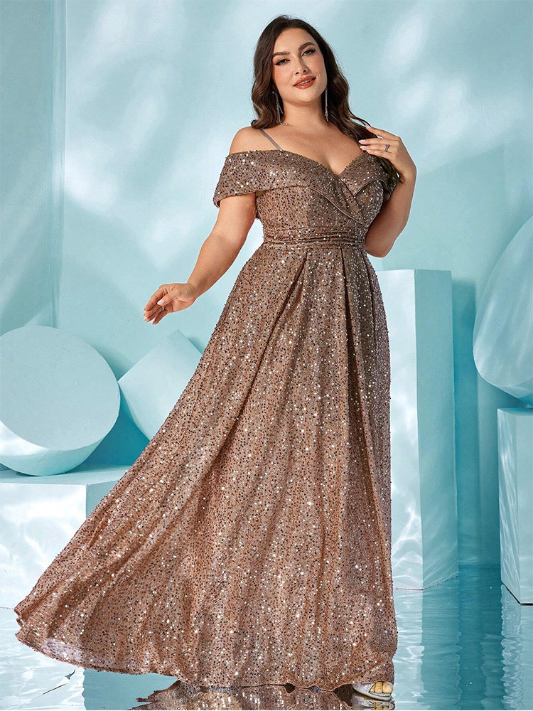 Plus Size Velvet Sequin Spaghetti Strap Evening Gown 2025 Summer Slimming Dress