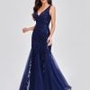 Womens Summer Mermaid Evening Gown Deep V-Neck Sleeveless Tulle Sequin Embroidered Dress