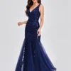 Elegant Deep V-Neck Evening Dress Gown with Embroidered Sequins