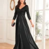 Sequin V-Neck Long Sleeve Satin Evening Gown Plus Size