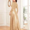 Sequin V-Neck Long Sleeve Satin Evening Gown Plus Size
