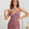 Womens Sequin Bodycon Evening Dress Spaghetti Strap V-Neck High Slit