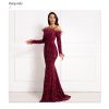 Feather Off-Shoulder Sequin Velvet Stretch Mermaid Evening Party Dress