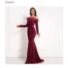 Feather Off-Shoulder Sequin Velvet Stretch Mermaid Evening Party Dress