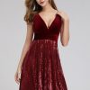 Wine Red Sequin Velvet Patchwork Sleeveless V-Neck A-Line Maxi Dress
