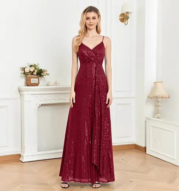 Spaghetti Strap V-Neck Sequin Evening Dress Bridesmaid Party Wedding Plus Size