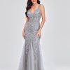 Womens Summer Mermaid Evening Gown Deep V-Neck Sleeveless Tulle Sequin Embroidered Dress
