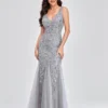 Elegant Deep V-Neck Evening Dress Gown with Embroidered Sequins