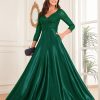 Sequin V-Neck Long Sleeve Satin Evening Gown Plus Size