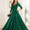 Sequin V-Neck Long Sleeve Satin Evening Gown Plus Size
