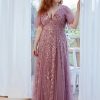 Plus Size Embroidered Sequin Evening Dress Deep V Flounce Sleeve Mermaid Train
