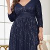 Women Plus Size Sequin Long Sleeve V-Neck Elegant Evening Party Dress