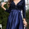 Plus Size V-neck Sequin Dress Velvet Long Sleeve Evening Gown
