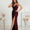 Womens Sequin Bodycon Evening Dress Spaghetti Strap V-Neck High Slit