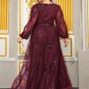 Plus Size Sequin V-Neck Lantern Sleeve High Waist Maxi Evening Dress