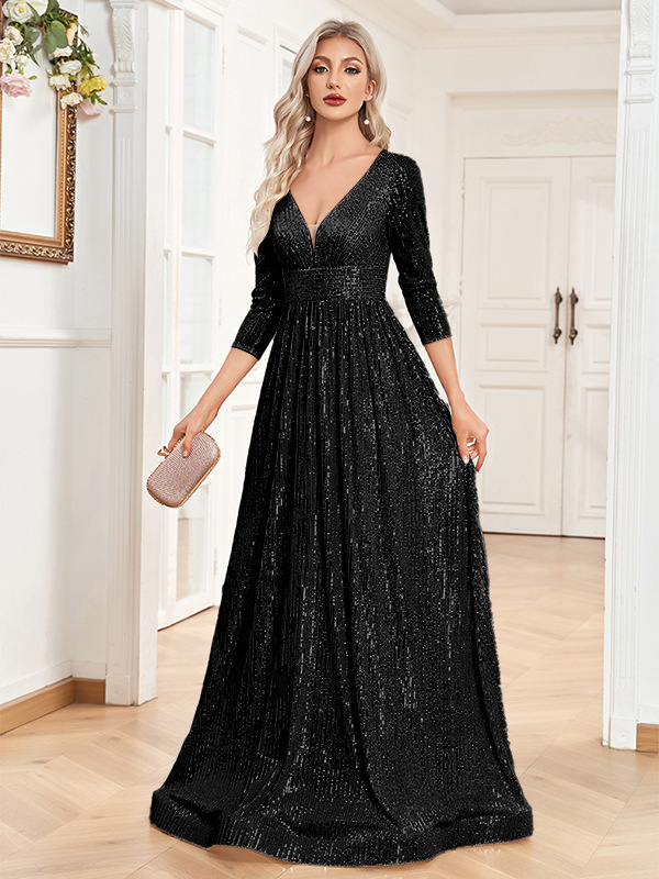 Sequin Evening Dress Women Long Sleeve V-Neck Elegant Maxi Gown
