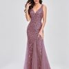 Womens Summer Mermaid Evening Gown Deep V-Neck Sleeveless Tulle Sequin Embroidered Dress