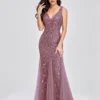 Elegant Deep V-Neck Evening Dress Gown with Embroidered Sequins