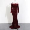 Sequin Dress Feather Off Shoulder Long Sleeve Mermaid Evening Gown