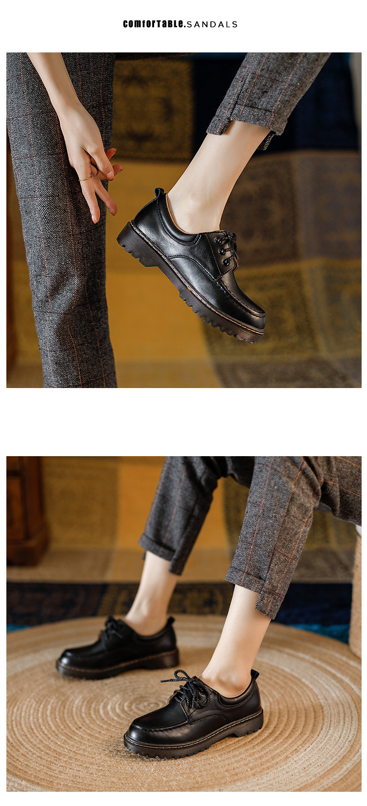 Womens Preppy Round Toe Lace-Up Leather Platform Shoes Oxfords