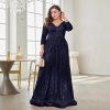 Women Plus Size Sequin Long Sleeve V-Neck Elegant Evening Party Dress