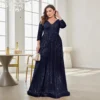 Women Plus Size Sequin Long Sleeve V-Neck Elegant Evening Party Dress