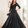 Sequin V-Neck Long Sleeve Satin Evening Gown Plus Size