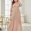 Women Plus Size Sequin Long Sleeve V-Neck Elegant Evening Party Dress