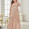 Women Plus Size Sequin Long Sleeve V-Neck Elegant Evening Party Dress