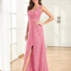 Womens Elegant Sequin Evening Cocktail Dress Deep-V Asymmetric Slit Slim