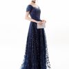 Navy Blue Lace Sleeveless High Waist Long Evening Gown Elegant Party Dress