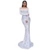 Sequin Dress Feather Off Shoulder Long Sleeve Mermaid Evening Gown